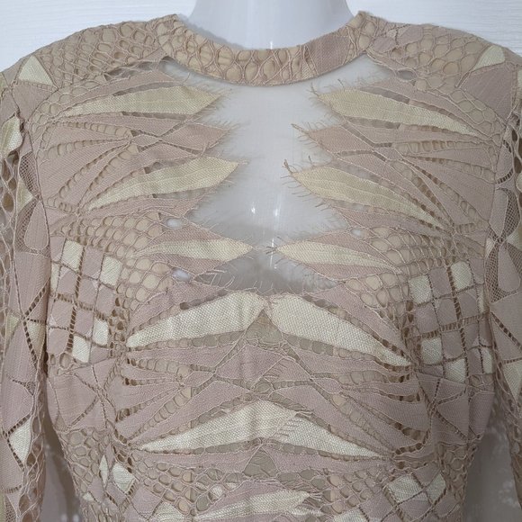 Free People Ivory Beige Deco Lace Cutout Eyelash Hem Bell Sleeve Mini Dress - 8* - Picture 6 of 15